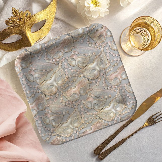 Assiettes En Carton Masquerade Quinceanera perles Masques Rose Gold ID (Créateur téléchargé)