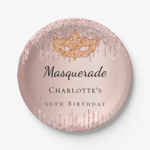 Assiettes En Carton Masquerade rose gouttes d'or fête d'anniversaire