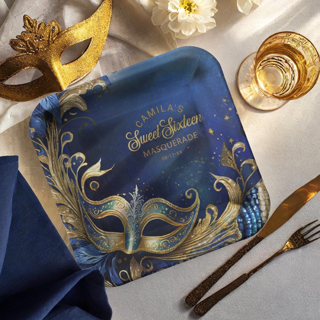 Assiettes En Carton Masquerade Sweet 16 Blue Gold ID1032 (Créateur téléchargé)