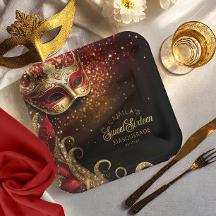 Assiettes En Carton Masquerade Sweet 16 Red Gold ID1032