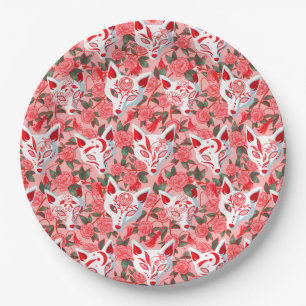 Assiettes En Carton Masques de Kitsune et camélia en fleurs sur fond r