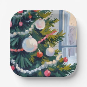 Assiettes En Carton Matin de Noël   Ornements d'arbre à l'aquarelle
