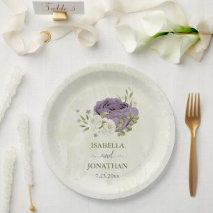 Assiettes En Carton mauve fleurs blanches verdure mariage