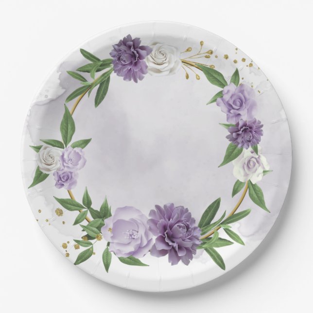 Assiettes En Carton mauve pourpre blanc floral verdure (Devant)