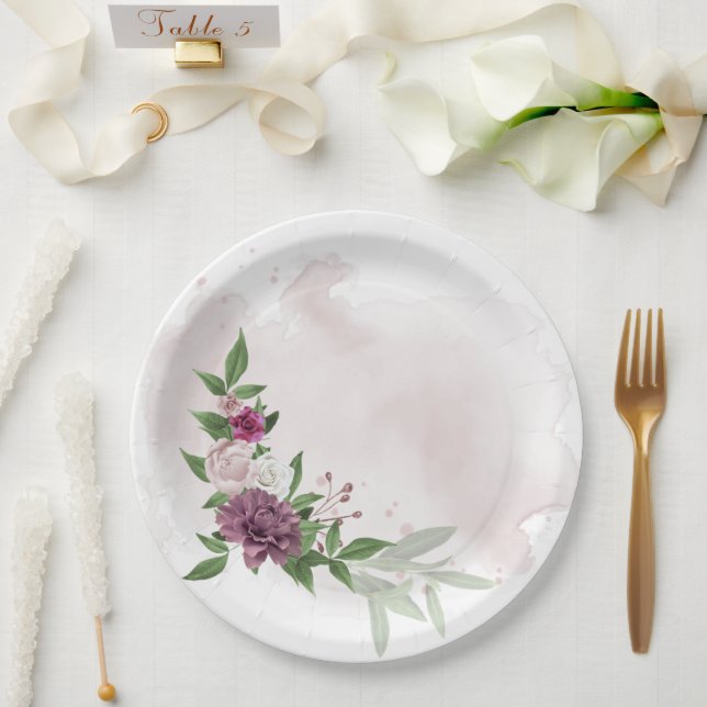 Assiettes En Carton mauve rose fleurs blanches botaniques (Mariage)