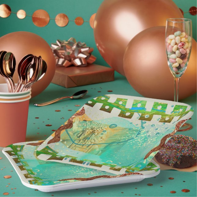Assiettes En Carton Maya Turquoise & Gold Mexicain Boho (Multi)