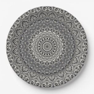 Assiettes En Carton Médaillon de kaléidoscope gris Mandala