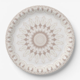 Assiettes En Carton Médaillon de mandala blanc et beige doux