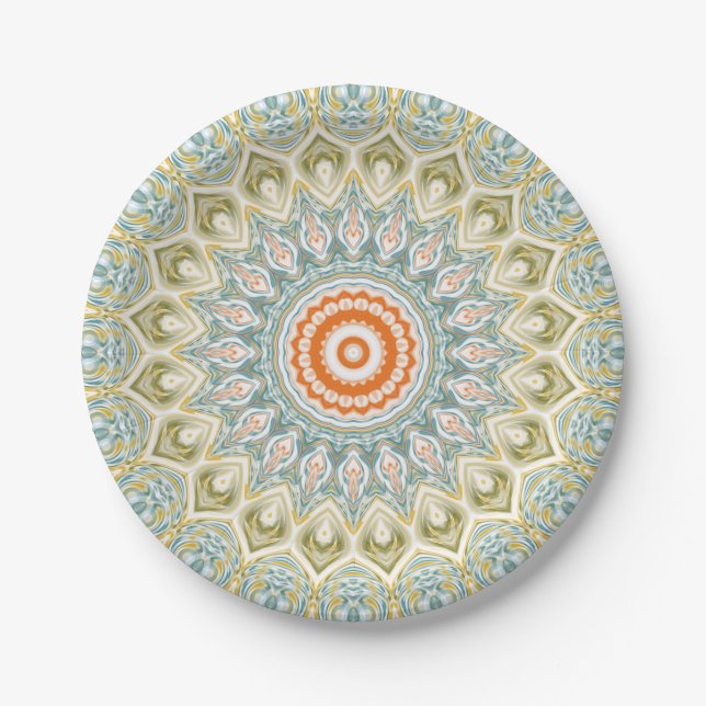 Assiettes En Carton Médaillon Mandala en vert, bleu et orange (Devant)