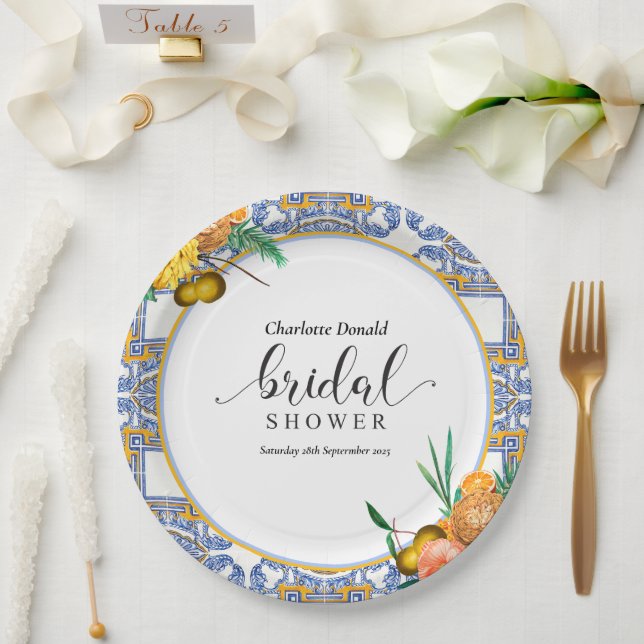 Assiettes En Carton Mediterranean Italy Blue Tiles Bridal Shower  (Mariage)