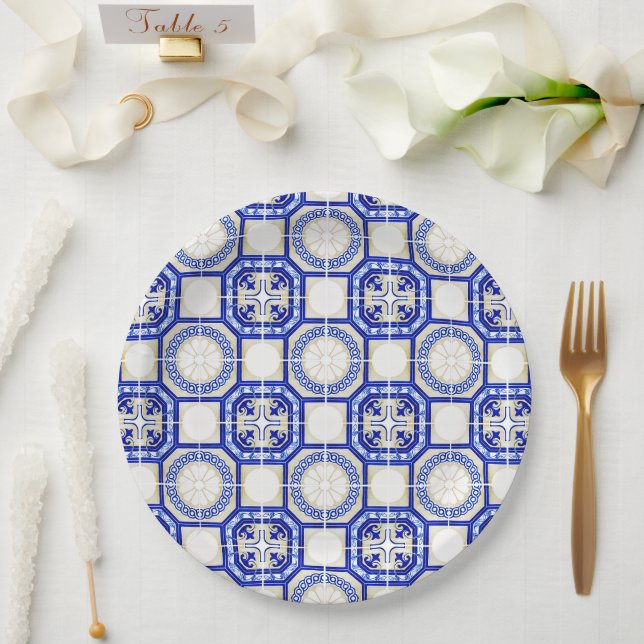 Assiettes En Carton Mediterranean Italy Blue Tiles Bridal Shower  (Mariage)