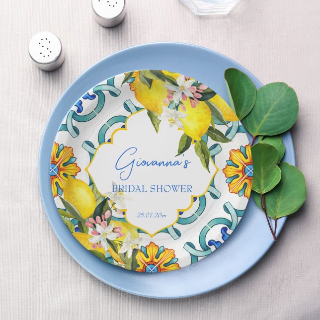 Assiettes En Carton Méditerranée Majolica tuiles citrons douche nuptia (Mediterranean Majolica blue tiles lemons bridal shower personalized printed Paper Plates table decor)