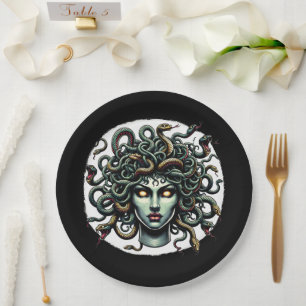 Assiettes En Carton Medusa face verte pleine de serpents