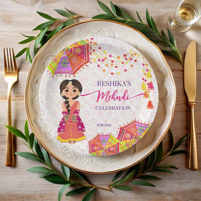 Assiettes En Carton Mehndi parapluies de mariées indiennes mignonnes (Mehndi cute Indian bride umbrellas personalized Paper Plates Indian wedding mehndi table decor)