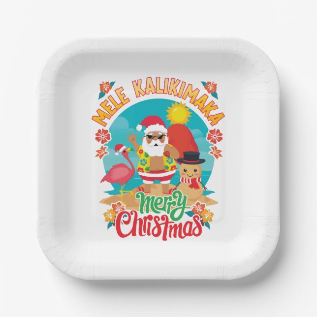 Assiettes En Carton Mele Kalikimaka pour un Noël hawaïen brillant (Recto)