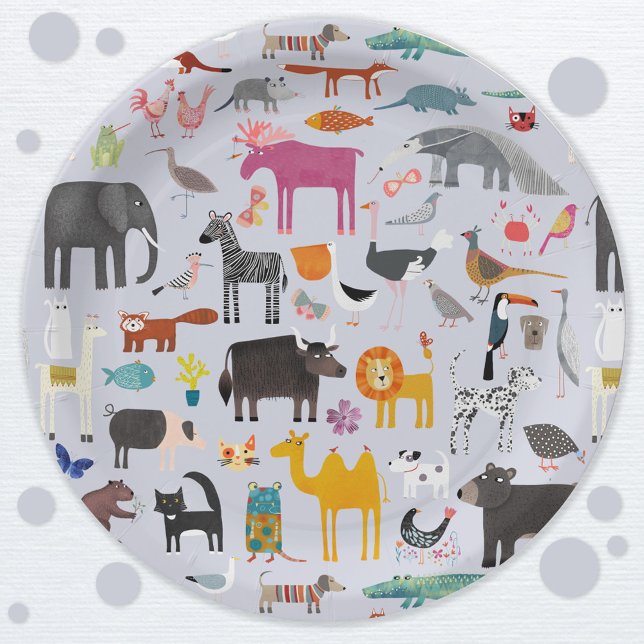Assiettes En Carton Ménagerie animale amusante (Jungle safari zoo wild and pet animal themed party paper plates)