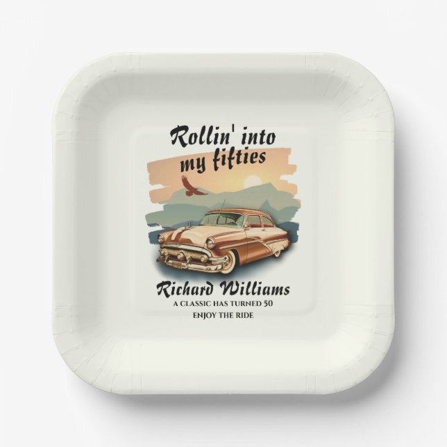Assiettes En Carton Men's classic car desert sunset 50th Birthday (Recto)