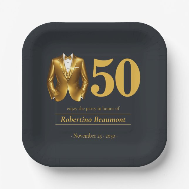 Assiettes En Carton Men's Elegant Tuxedo Gold Black 50th Birthday (Recto)