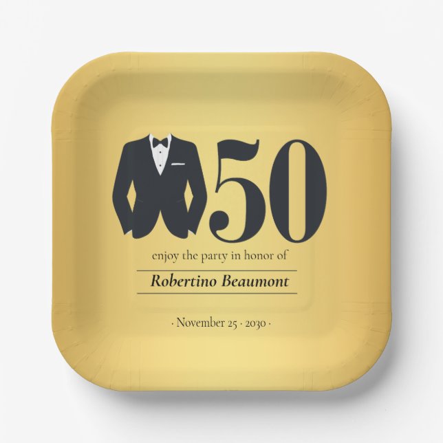 Assiettes En Carton Men's Elegant Tuxedo Gold Black 50th Birthday (Recto)
