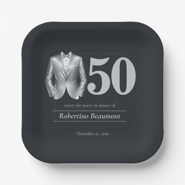 Assiettes En Carton Men's Elegant Tuxedo Silver Black 50th Birthday (Recto)