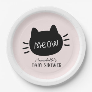 Assiettes En Carton Meow Chat noir visage rose fille Baby shower
