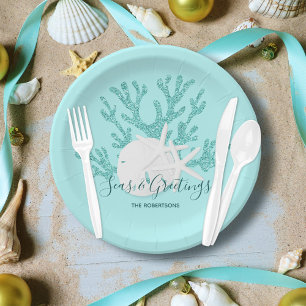Assiettes En Carton Mer côtière et salutations Noël Plage Aqua Bleu