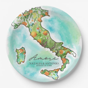 Assiettes En Carton Mer d'Italie   Amore Watercolor Map Mariage