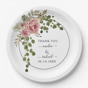 Assiettes En Carton Merci de fleurs d'aquarelle rose poussiéreux maria