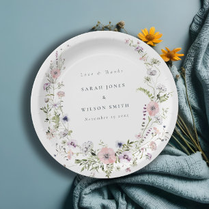 Assiettes En Carton Merci Mariage de couronne Fleur sauvage rose Lilac