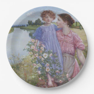 Assiettes En Carton Mère et enfant au bord d'une rivière avec des Rose