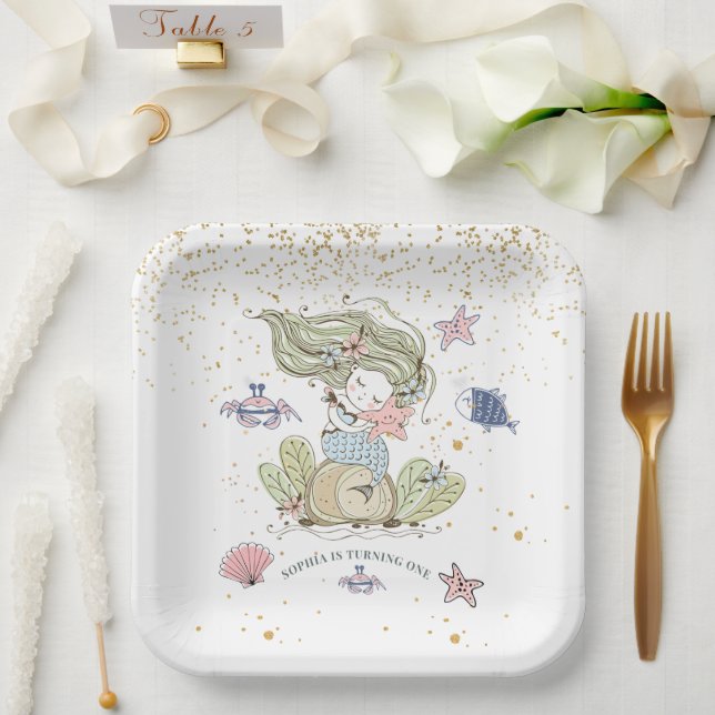 Assiettes En Carton Mermaid 1er fête d'anniversaire (Mariage)