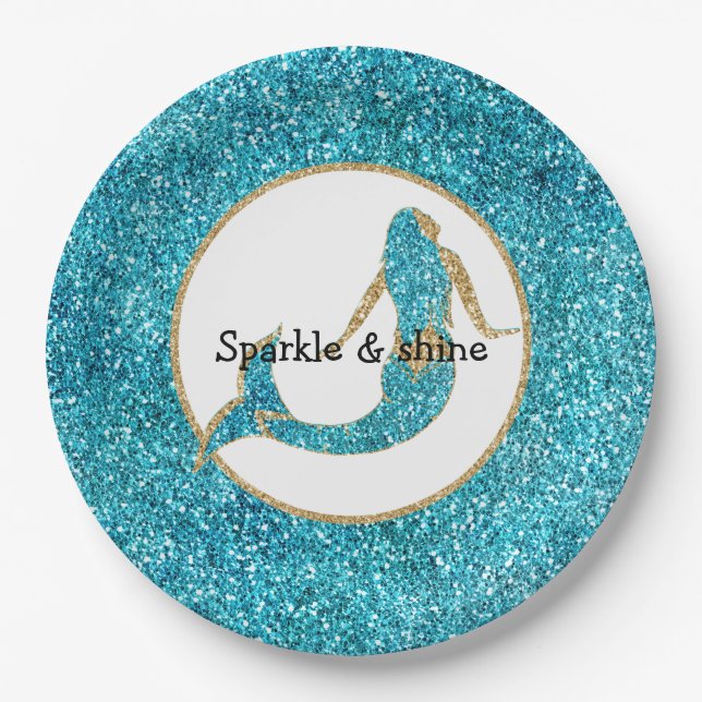 Assiettes En Carton Mermaid Aqua Gold Glitz Parties scintillant (Devant)