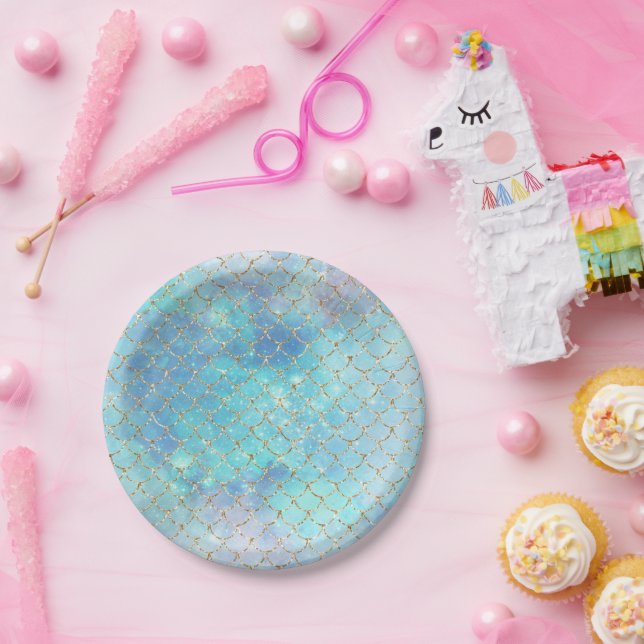 Assiettes En Carton Mermaid Scales Blue Gold Sea Anniversaire (Fête)