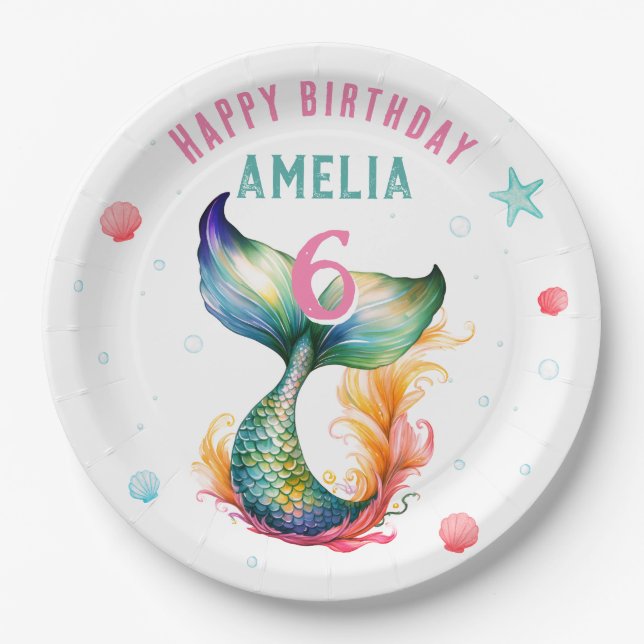 Assiettes En Carton Mermaid Tail Seashells Bubbles Starfish Anniversai (Devant)