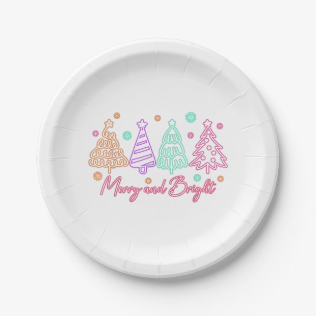 Assiettes En Carton Merry and Bright Tree Neon Christmas (Devant)