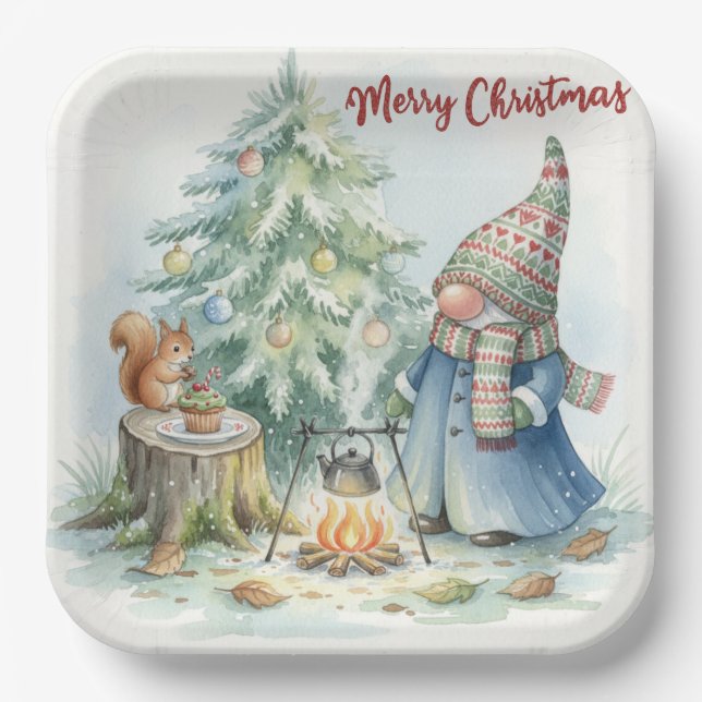 Assiettes En Carton Merry Christmas Gnome and the Christmas Tree  (Recto)