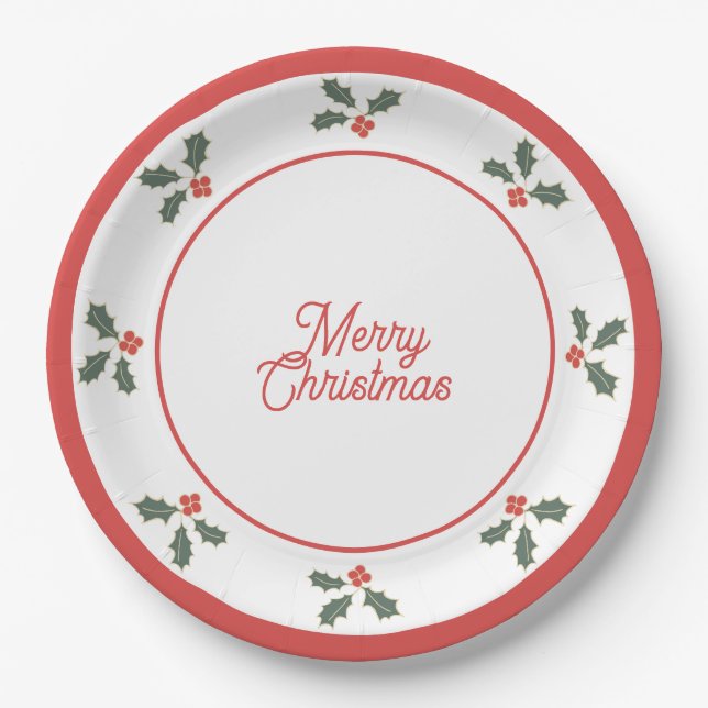 Assiettes En Carton Merry Christmas Holly Plate Red and White (Devant)