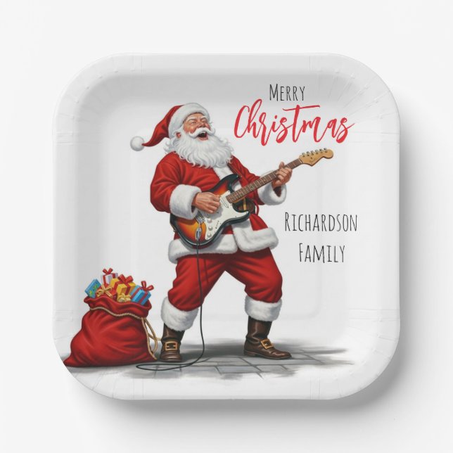 Assiettes En Carton Merry Christmas Santa Clause Playing Guitar (Recto)
