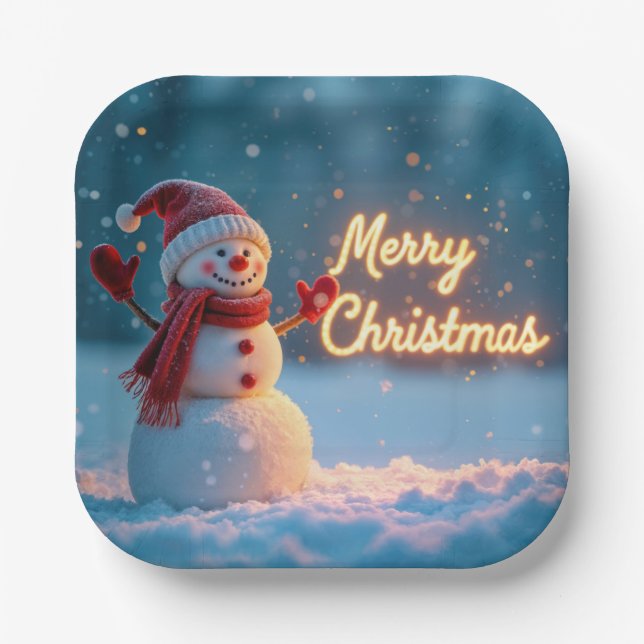 Assiettes En Carton Merry Christmas Snowman with Neon Sign (Recto)