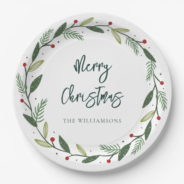 Assiettes En Carton Merry Christmas Wreath Hand-Lettered Holidays (Devant)