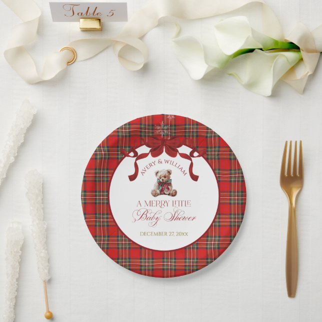 Assiettes En Carton Merry Little Red Bow Christmas Plaid  (Mariage)