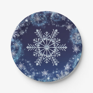 Assiettes En Carton Merveille d'Hiver Flocons de Neige Bleus et Blancs