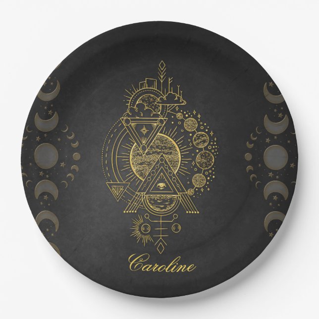 Assiettes En Carton Merveilleuse planète imaginaire dorée et lune (Devant)