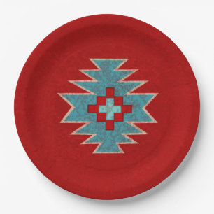 Assiettes En Carton Mesas Sud-Ouest Rouge & Turquoise Conception géomé