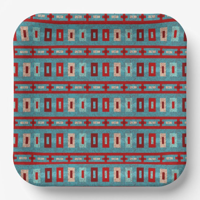 Assiettes En Carton Mesas Sud-Ouest Turquoise & Rouge Retro Motif Vibe (Recto)