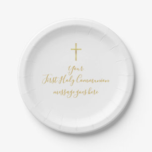 Assiettes En Carton Message de Première Sainte Communion Croix d'Or Si