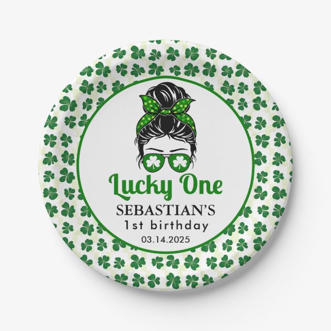 Assiettes En Carton Messy Bun Lucky One 1st Birthday Girl (Devant)