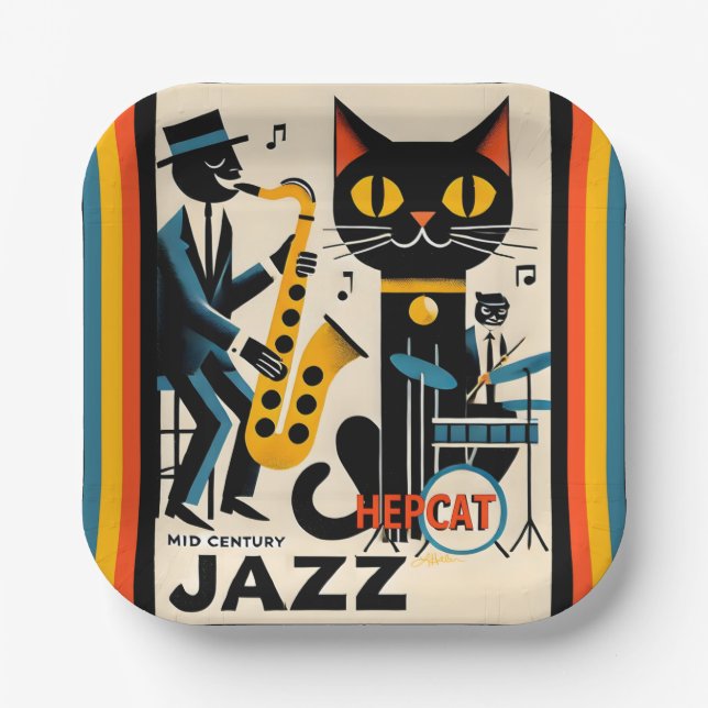 Assiettes En Carton Mi siècle Jazz Age HepCat Chat Noir (Recto)