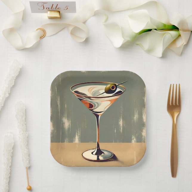 Assiettes En Carton Mi-siècle Moderne 1 Olive Martini Peinture (Mariage)