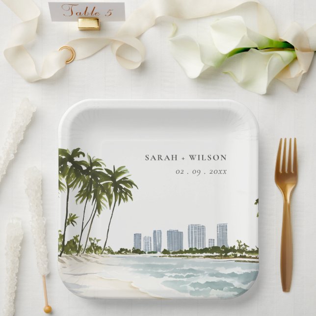 Assiettes En Carton Miami Florida Aquarelle Palm Mariage paysage (Mariage)
